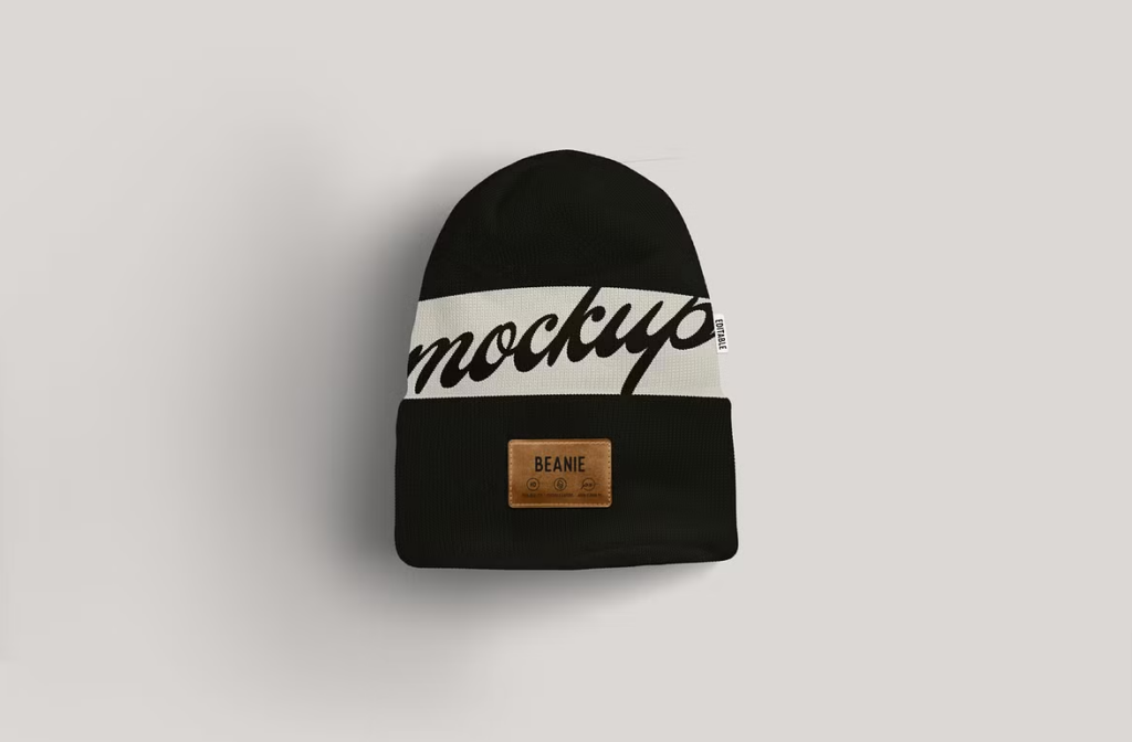 Beanie Hat Mockup With Embroidery and Leather Patch
