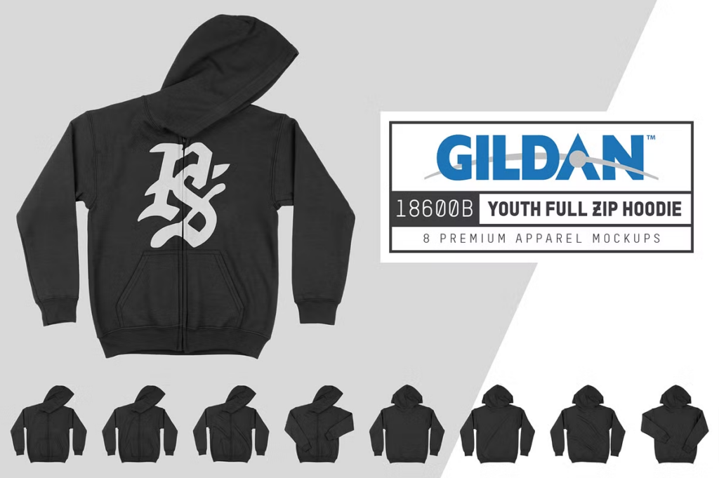 Gildan 18600B Youth Zip Up Black Hoodie Mockup