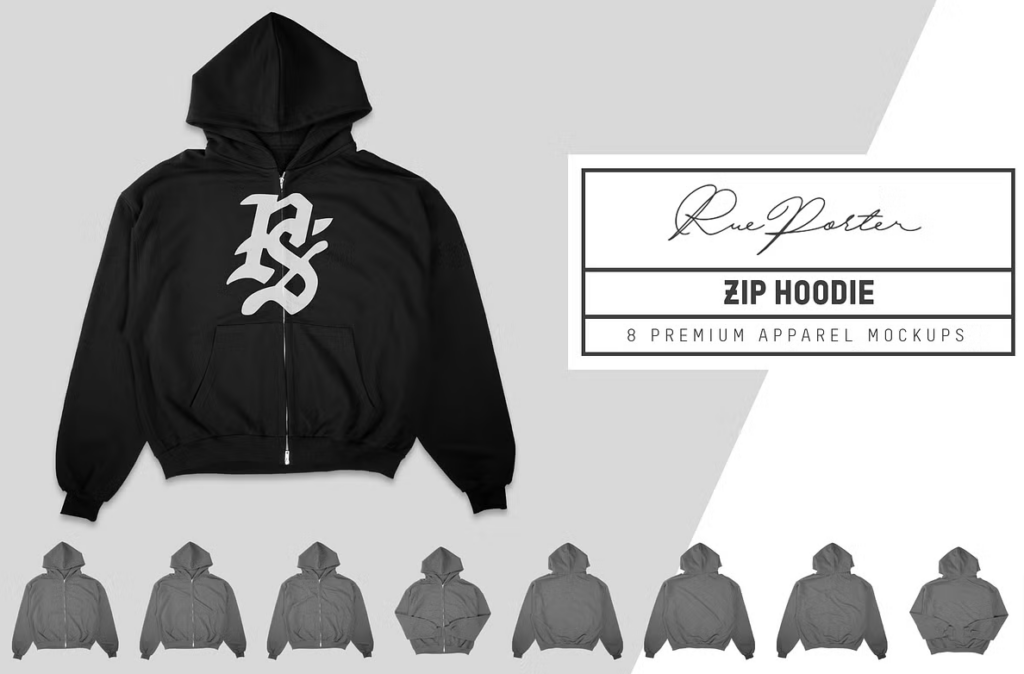 Rue Porter Zip Black Hoodie Mockups